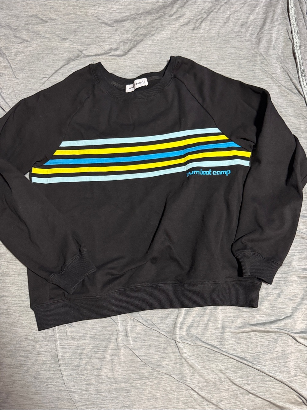 Burn Boot Camp Women's Black Crewneck Sweatshirt with Blue & Yellow Stripes